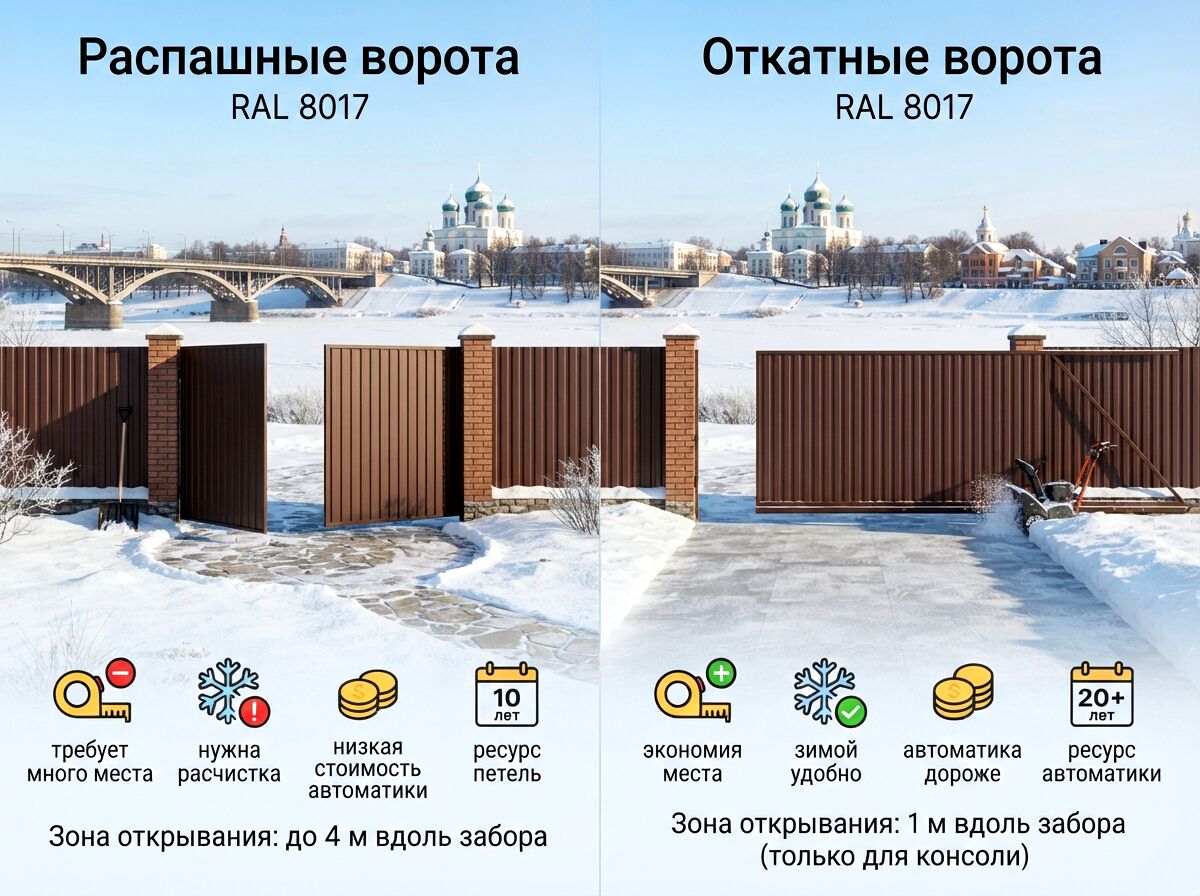 Откатные или распашные ворота: что лучше работает тверской зимой